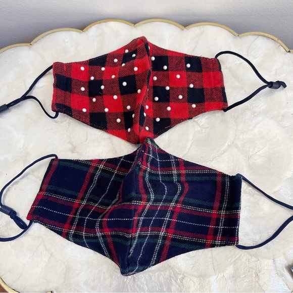 Lele Sadoughi Accessories - Lele Sadoughi Buffalo Check Faux Pearl & Tartan Plaid Holiday Face Mask NEW